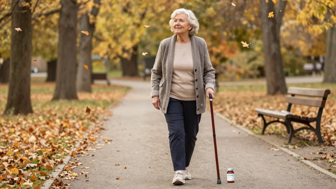 Starší žena chodí bez hůlky v parku v podzimním světle.