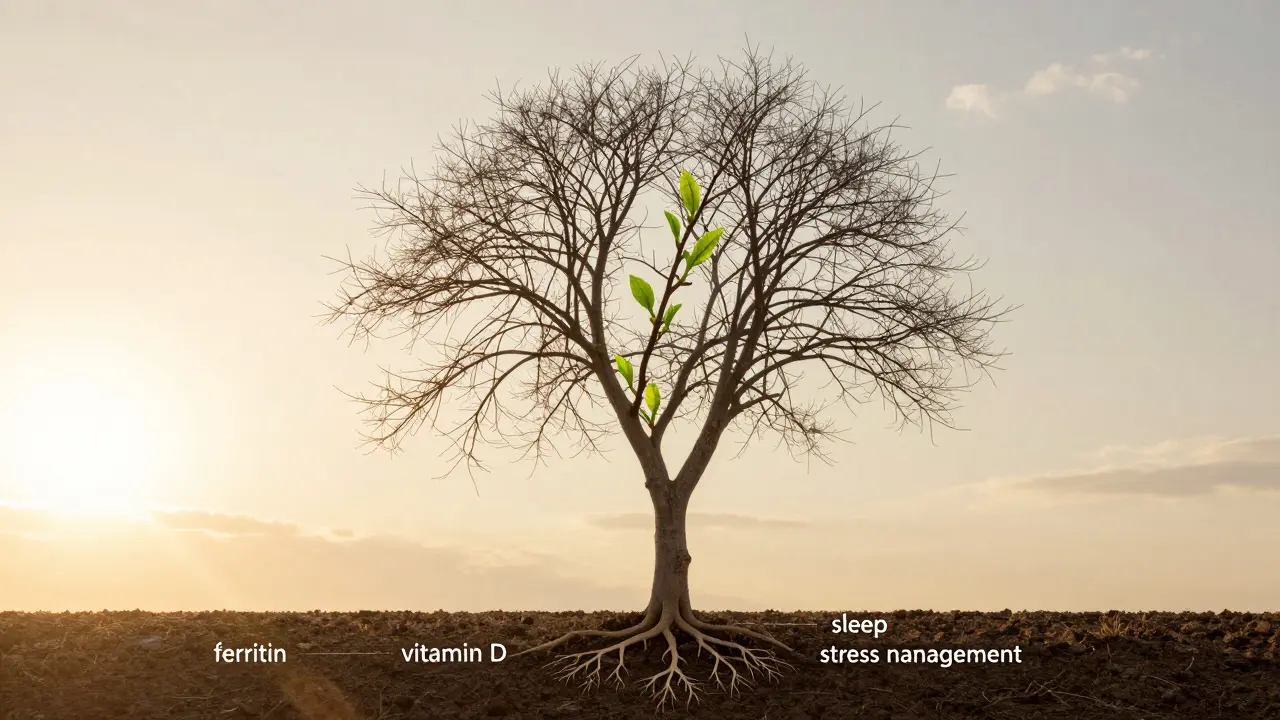 Strom s vyrůstajícími novými výhonky na holé větvi, kořeny označené základními faktory zdraví.