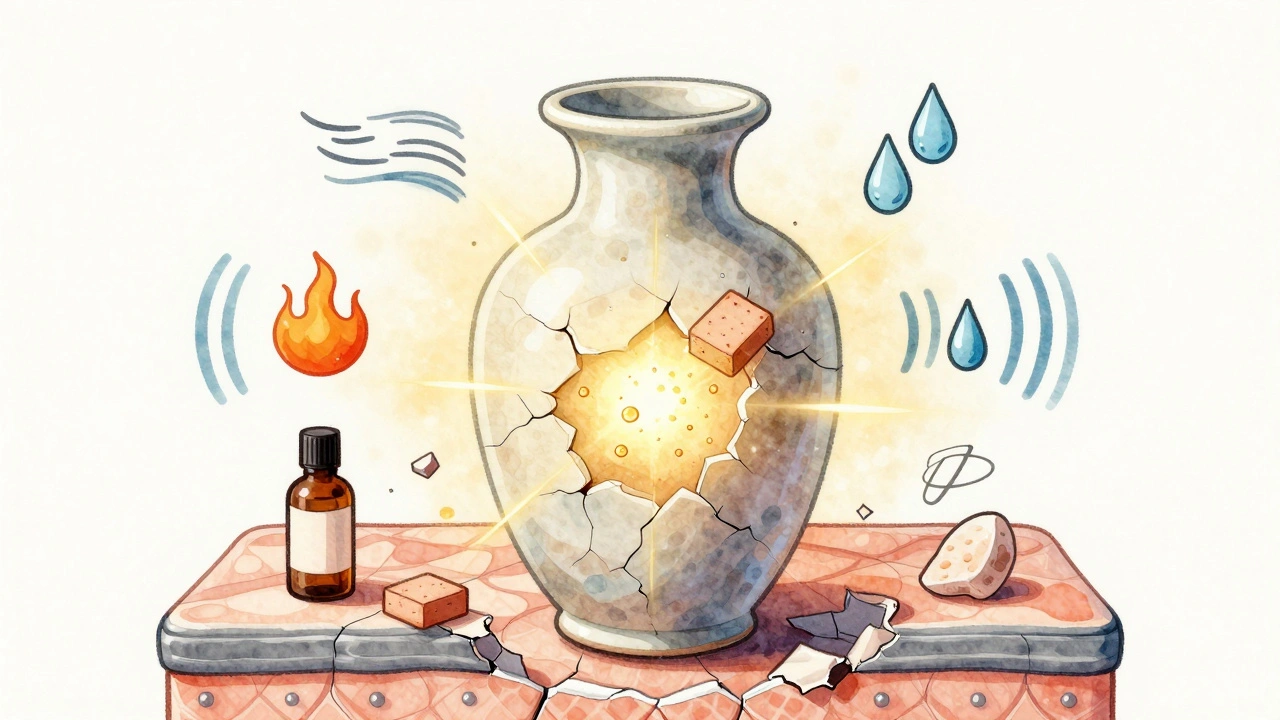 Symbolická ilustrace poškozené bariéry kůže, kterou opravují ceramidy a niacinamid, zatímco dráždivé látky odcházejí.