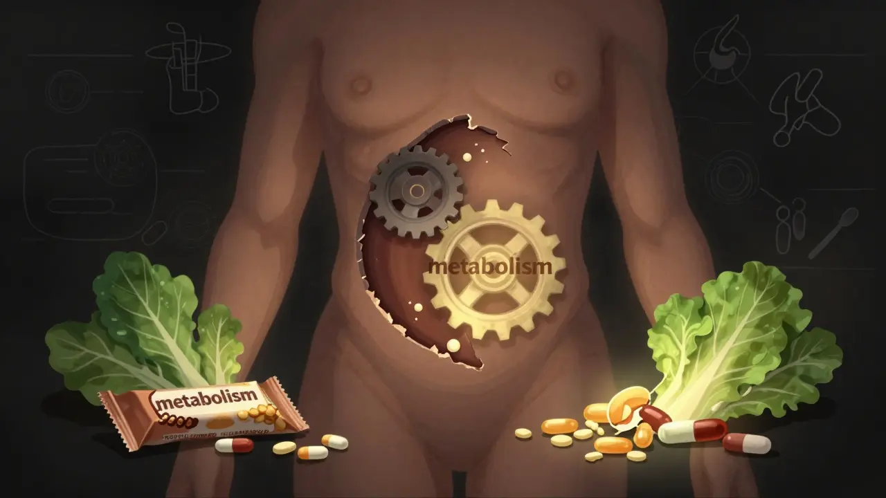 Tělo s porušeným metabolismem, kolem něj rozbité vitamíny a zdravé potraviny