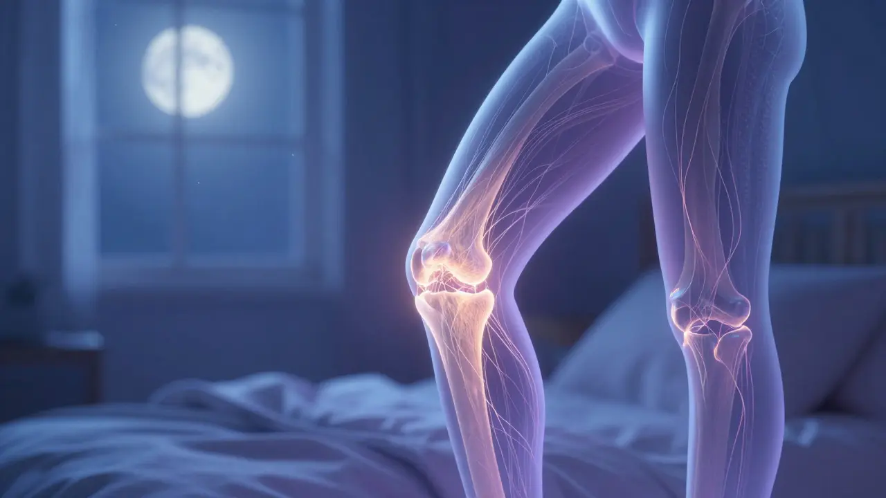 Tělo v noci s viditelnými kolagenovými vlákny opravujícími klouby.