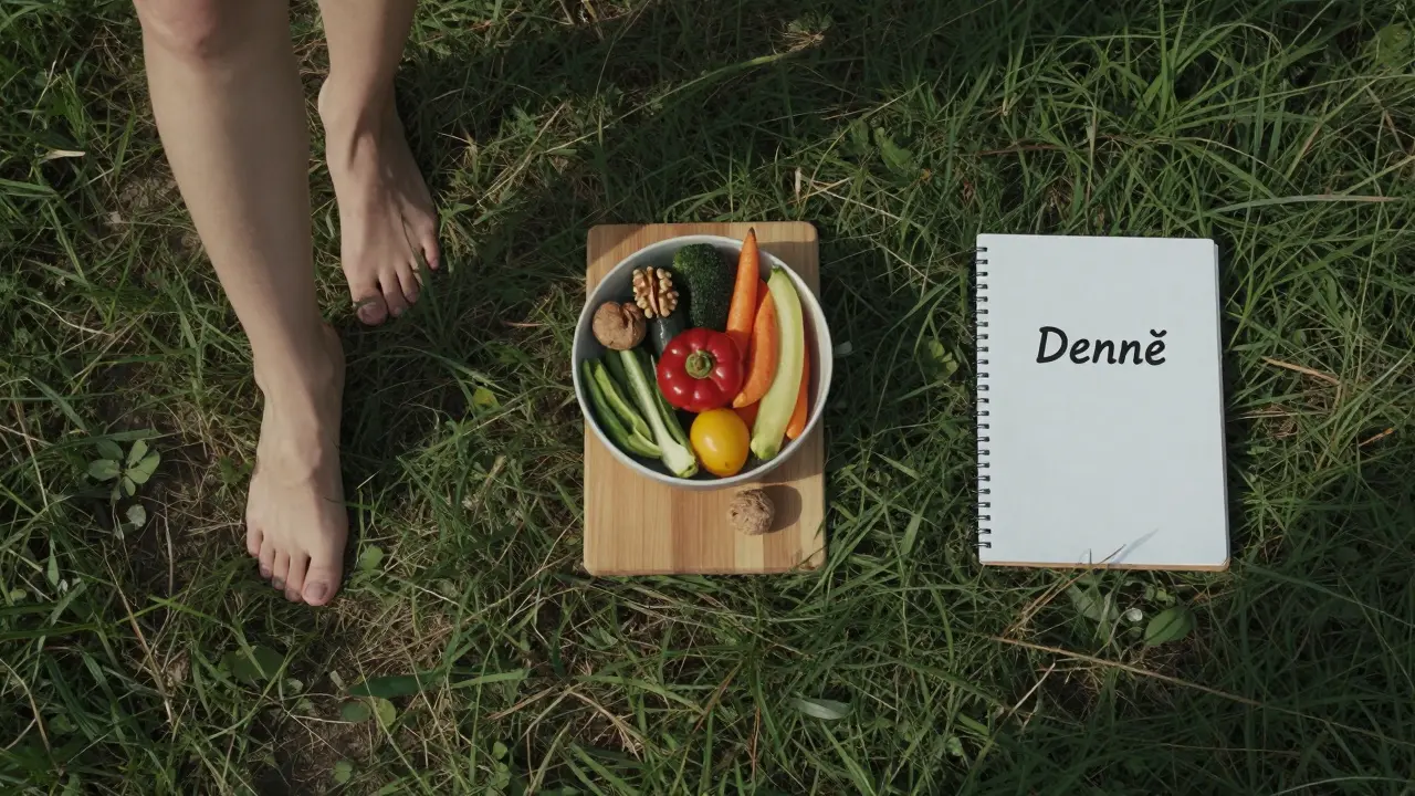 Tři jednoduché denní praktiky: chůze, zdravá strava a klidný čas pro sebe.