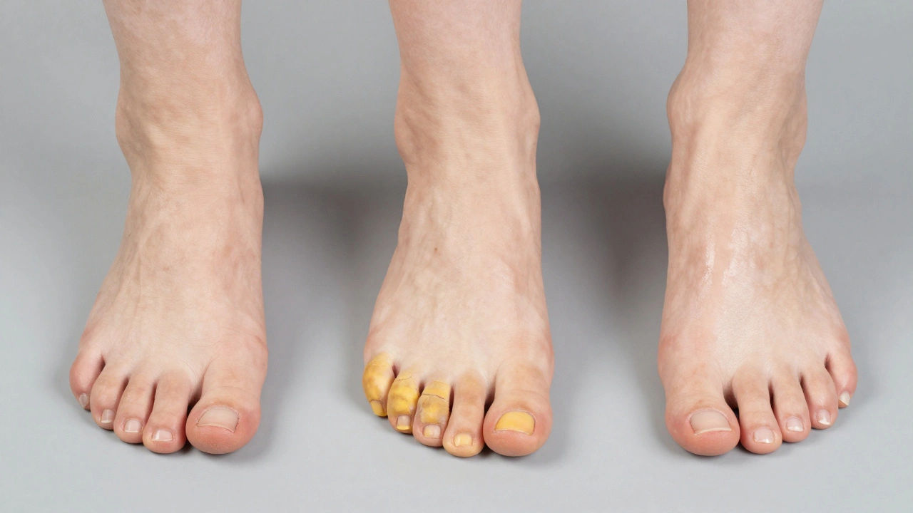 Tři páry nohou: zanedbané, nemocné a zdravé nehty – vizuální kontrast péče.