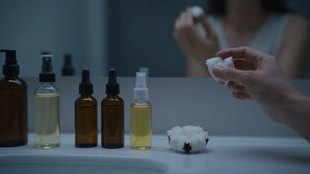 Tři přírodní oleje na koupelnové pultě s vlažným nočním osvětlením.