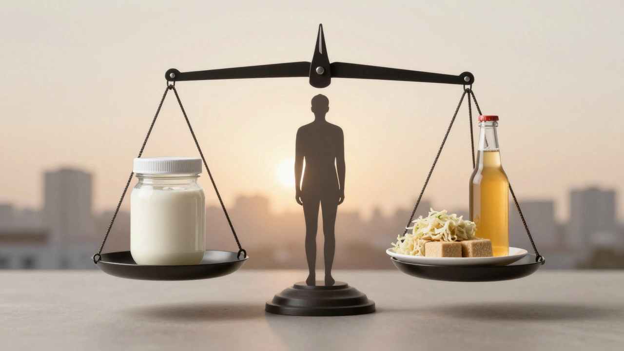 Váha s probiotiky a kvašenými potravinami, symbolizující rovnováhu mezi doplňky a přirozenou stravou.