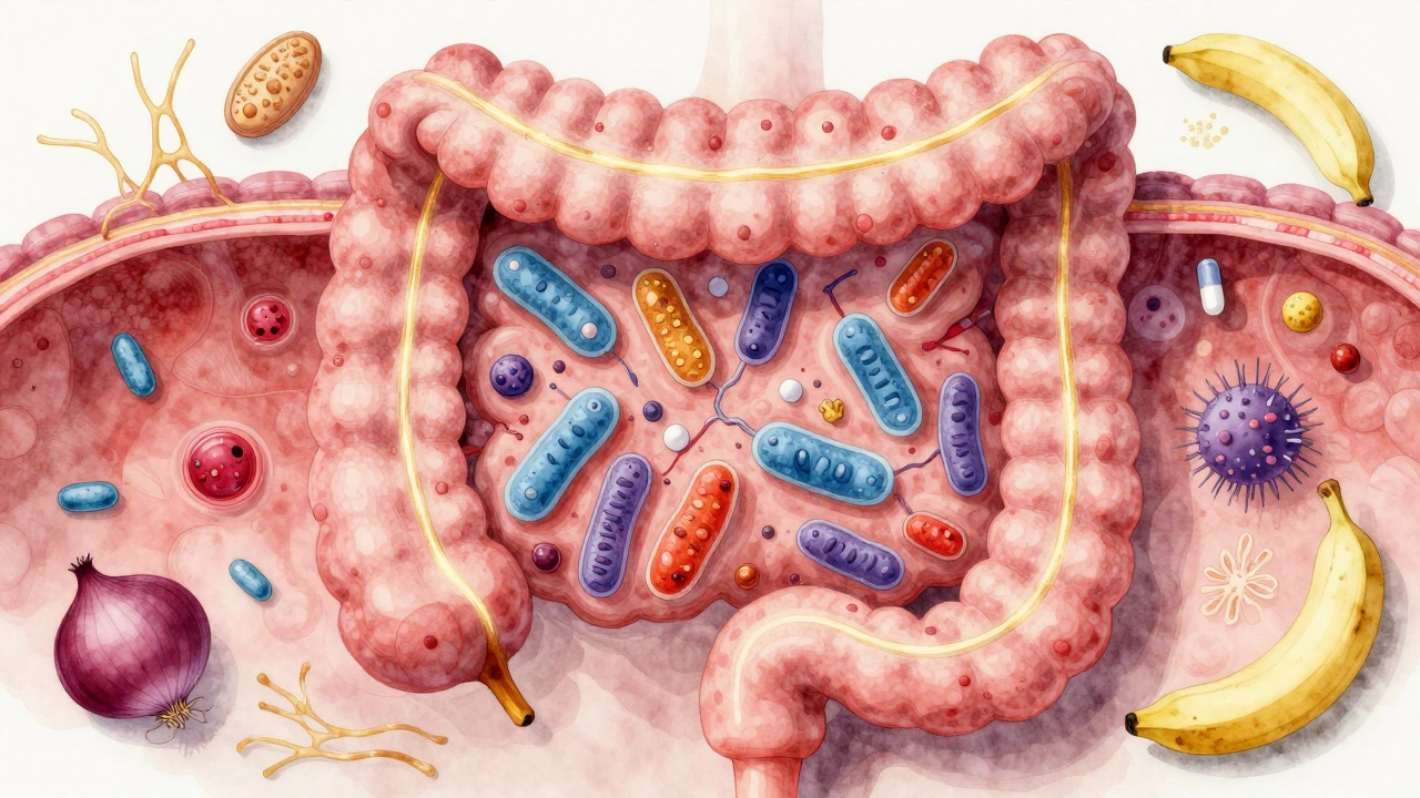 Vizualizace střeva s prospěšnými bakteriemi obnovujícími mikrobiom po antibiotikách.