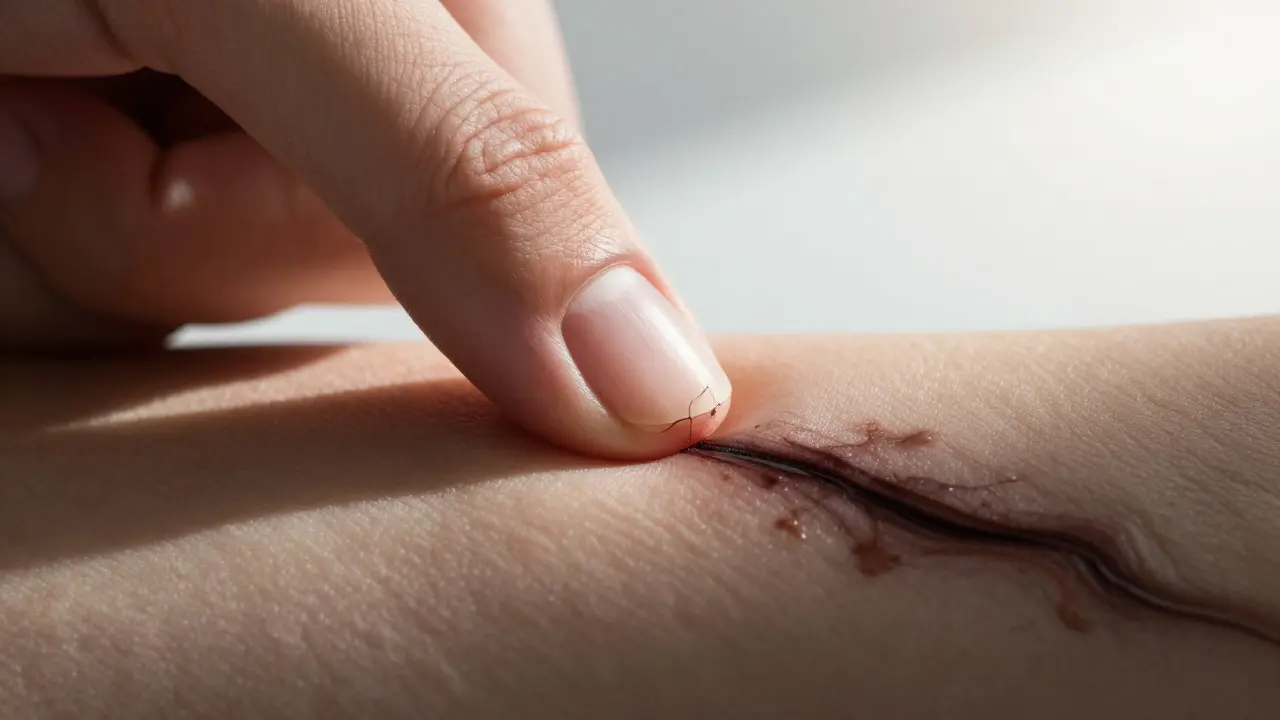 Zdravý neht přechází v deformovaný s tmavou skvrnou šířící se do kůže.