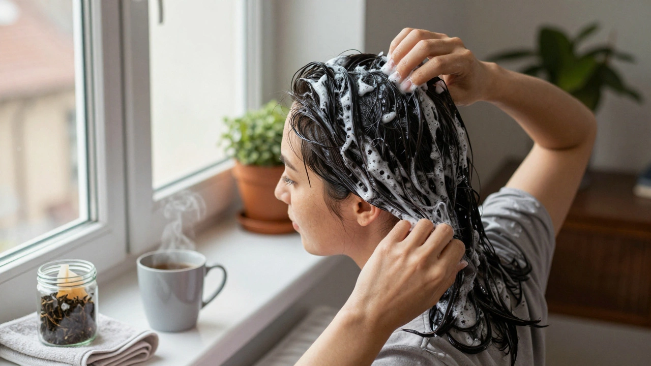 Žena aplikuje černý čaj na vlasy u okna v domácím prostředí.