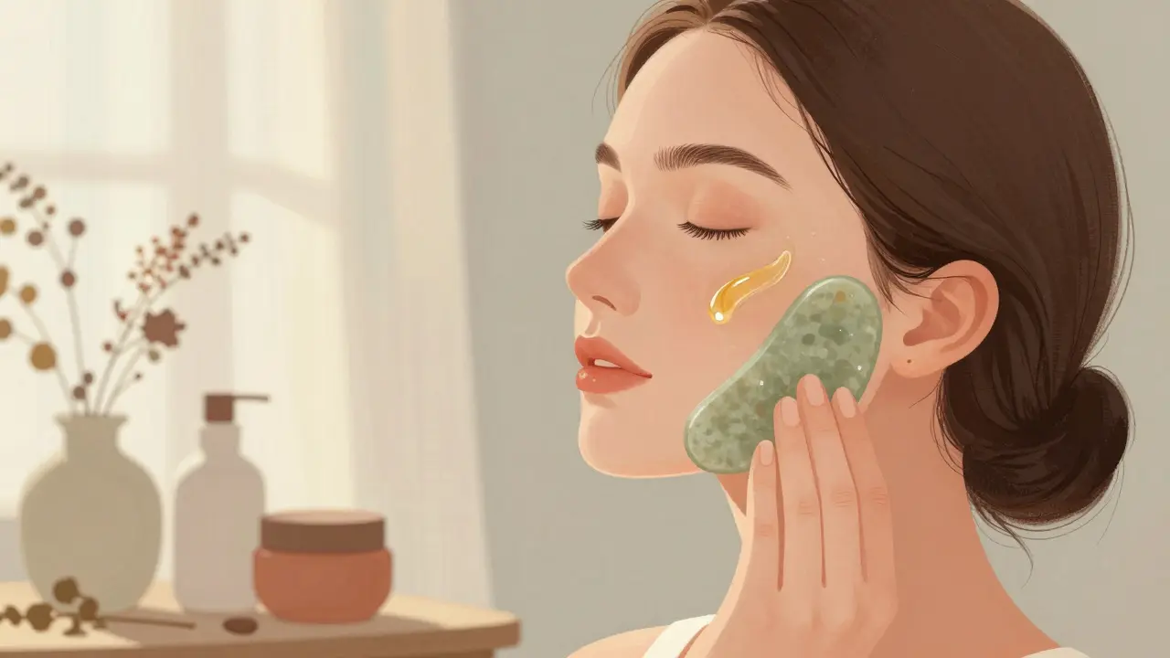 Žena používá gua sha kámen na obličeji s olejem, jemné pohyby a přírodní prostředí.