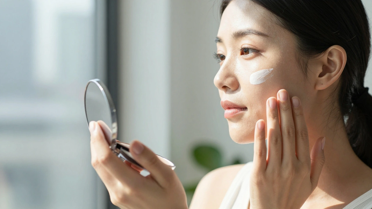 Žena s make-upem aplikuje SPF pudr na obličej u okna v městském prostředí.