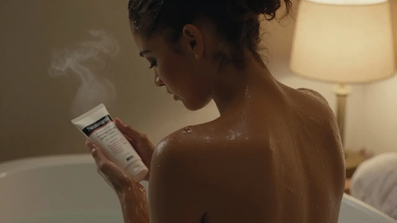 Žena si namazává záda krémem s ceramidami ve večerním osvětlení.