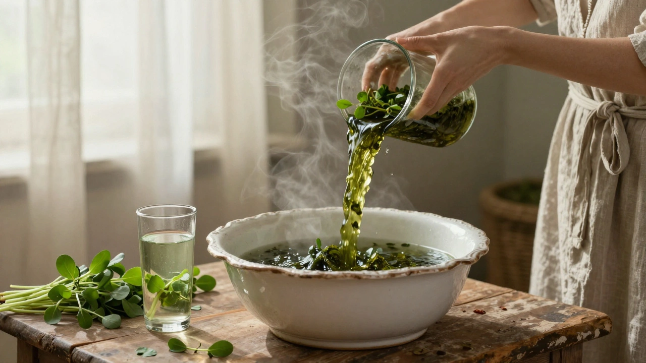 Žena zalévá vlasy vývarym z řeřichy v klasické mísce.