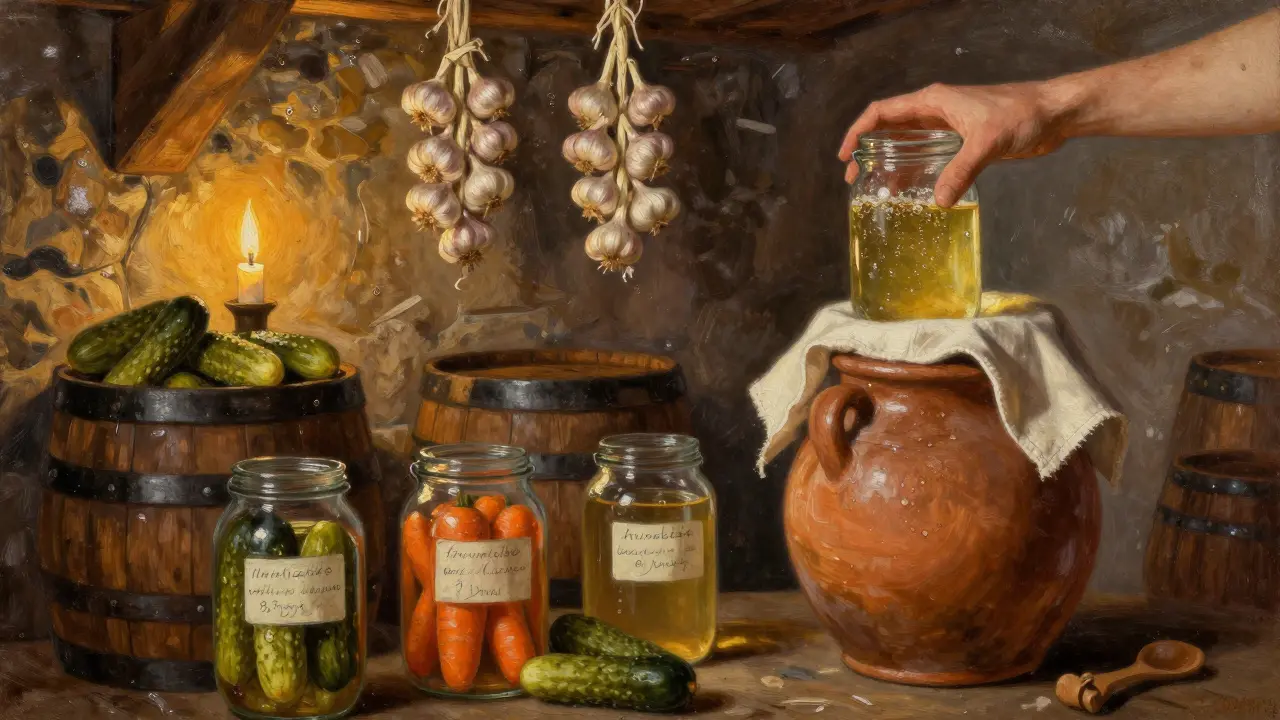 Česká sklepní místnost s dřevěnými sudy a kvasenými okurkami, osvětlená svíčkou.