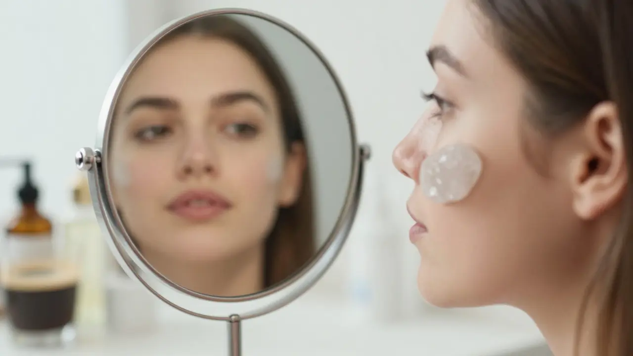 Chladný křemenový kámen se pohybuje po tváři v zrcadle.