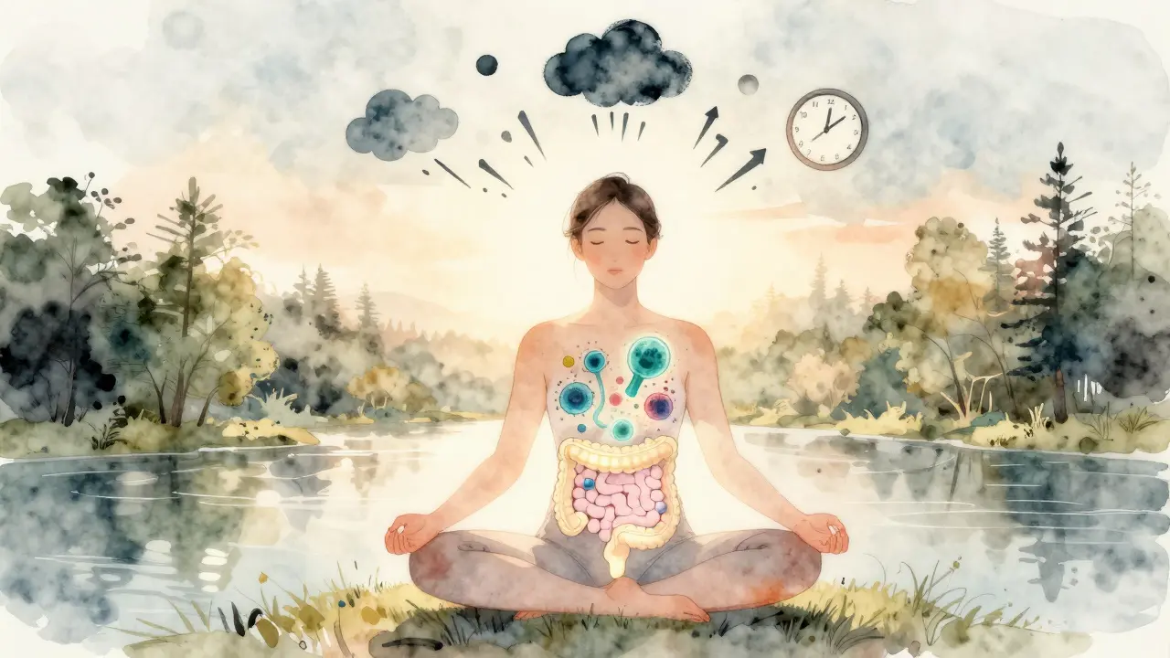 Člověk medituje s osvětleným trávicím traktem, symbolizující spojení mysli a střev