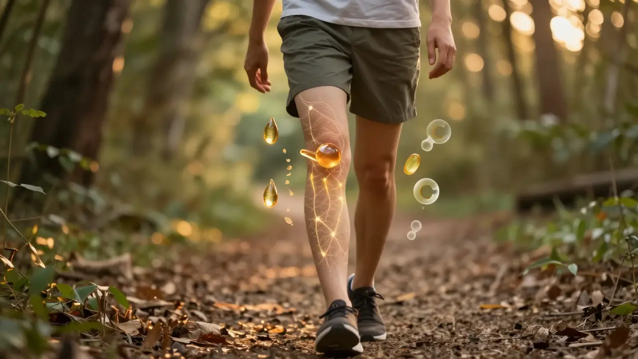 Člověk prochází lesem při západu slunce, kolem kolenních kloubů plavou biologické molekuly
