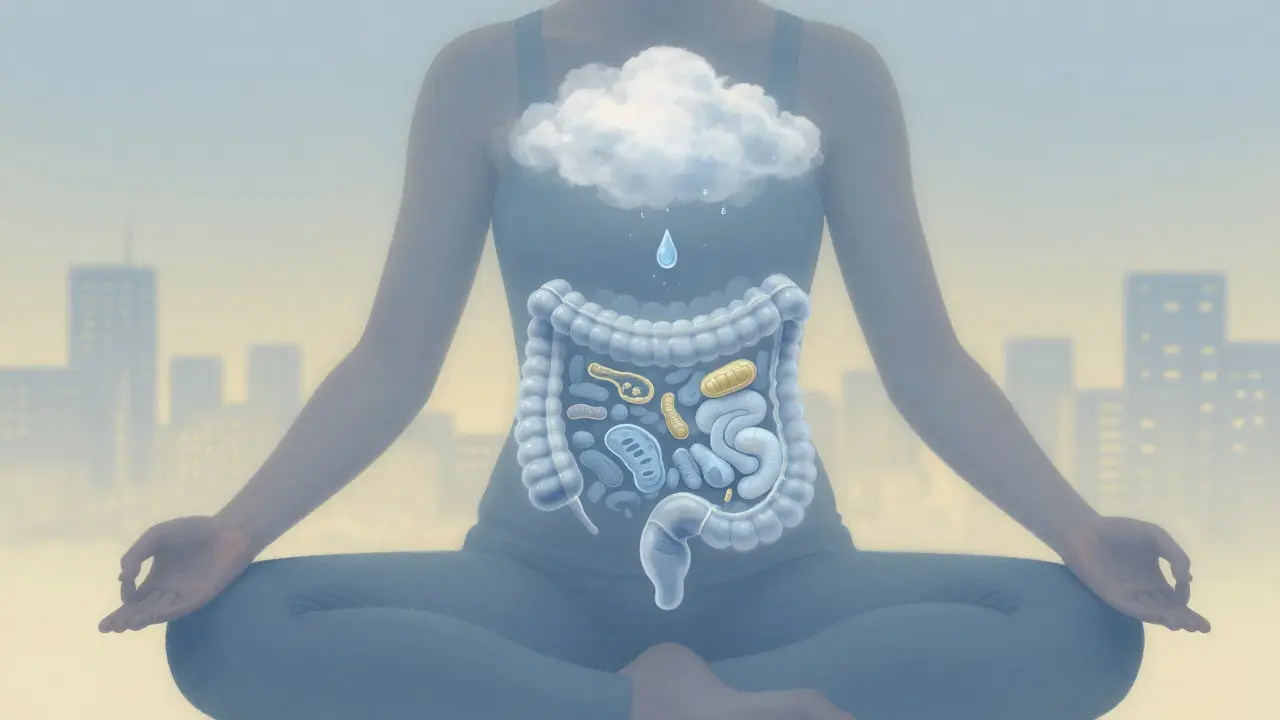 Člověk v meditaci s transparentním zobrazením rovnováhy střevních bakterií v břiše.