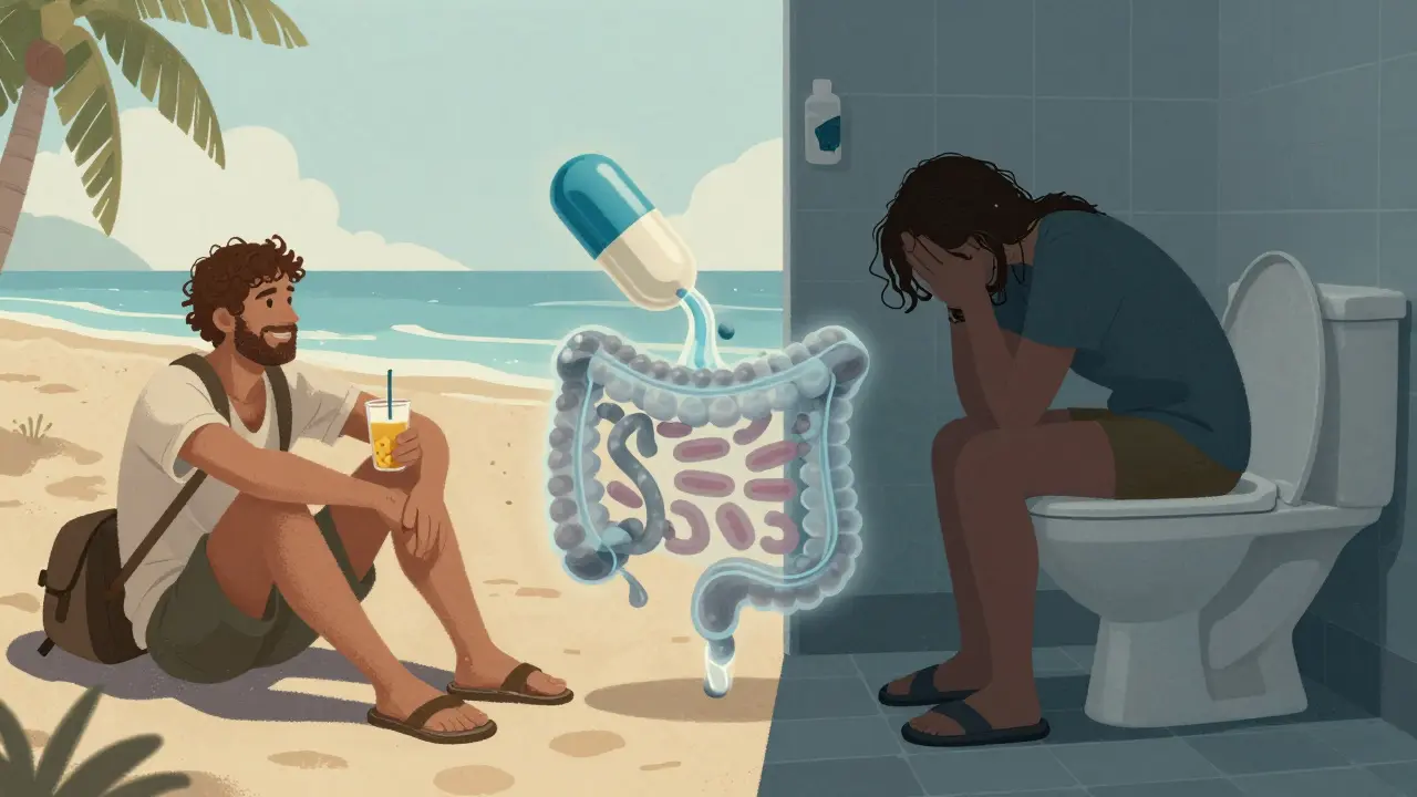 Dva scénáře cestování: jedna osoba u moře, druhá v toaletě, mezi nimi symbolická cesta prospěšných bakterií.