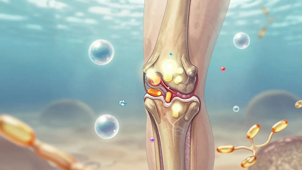 Ilustrace kloubu s molekulami kolagenu a hyaluronové kyseliny vstřebávanými do chrupavky
