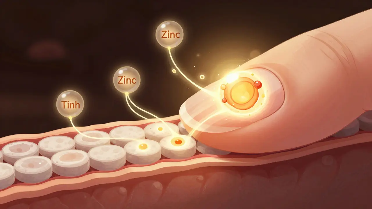 Ilustrace růstové zóny nehtu s proudy živin vstupujícími do keratinových vrstev.