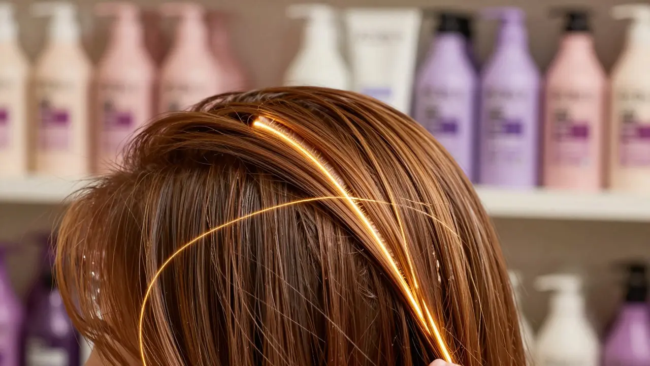 Kadeřnice aplikuje masku na poškozené vlasy s viditelným zářivým účinkem.