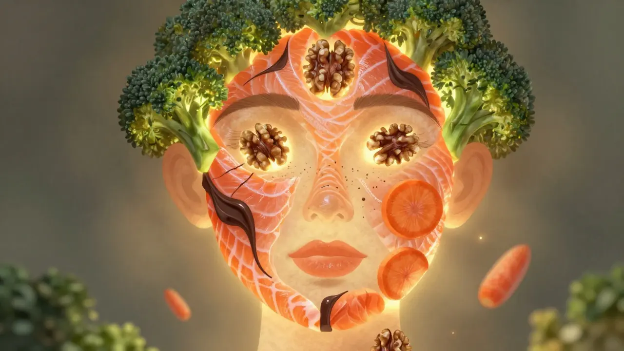 Lidská tvář složená z potravin – losos, brokolice, ořechy a čokoláda – zářící zdravým leskem.