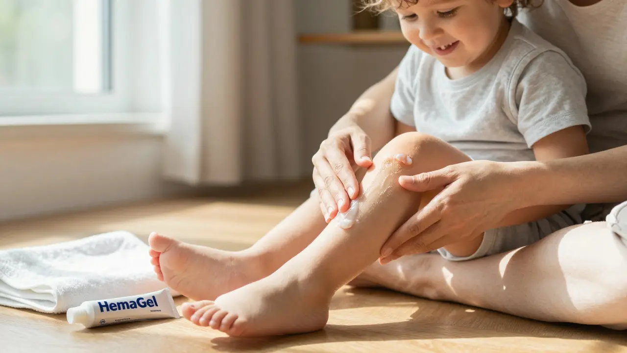 Matka aplikuje HemaGel na kolenko dítěte v domácím prostředí.