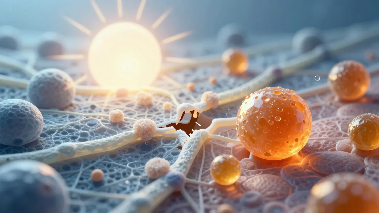 Mikroskopický pohled na poškození kolagenu sluncem a cukrem a jeho opravu vitamínem C.