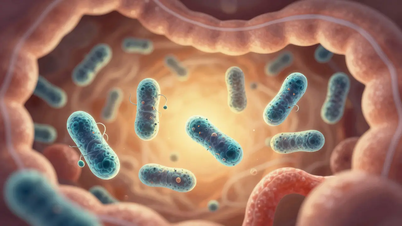 Mikroskopický pohled na živé probiotické bakterie cestující střevy, zatímco kyselé prostředí žaludku je v pozadí.