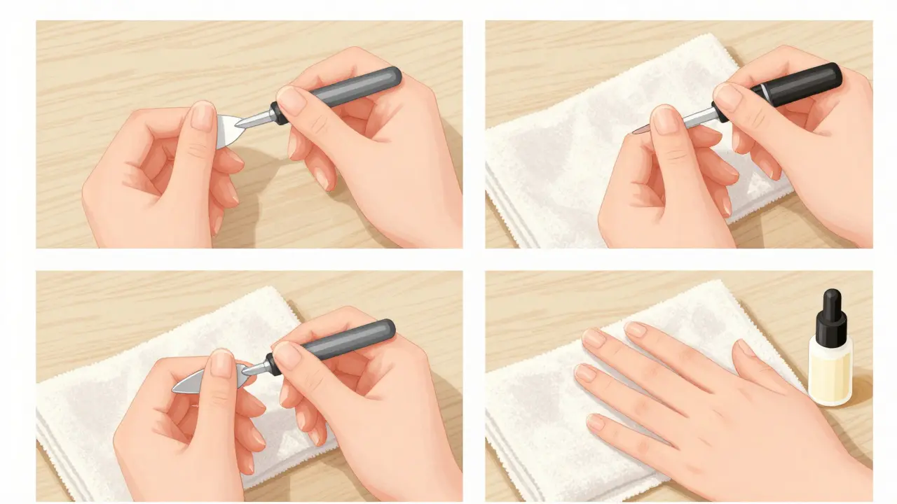 Minimální ilustrace správného směru pilování nehtů bez zpětných pohybů.