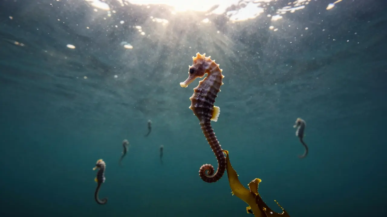 Narozený mořský koník se vynořuje z pytličku do otevřeného moře, tisíce ostatních mláďat se rozptylují v proudu.