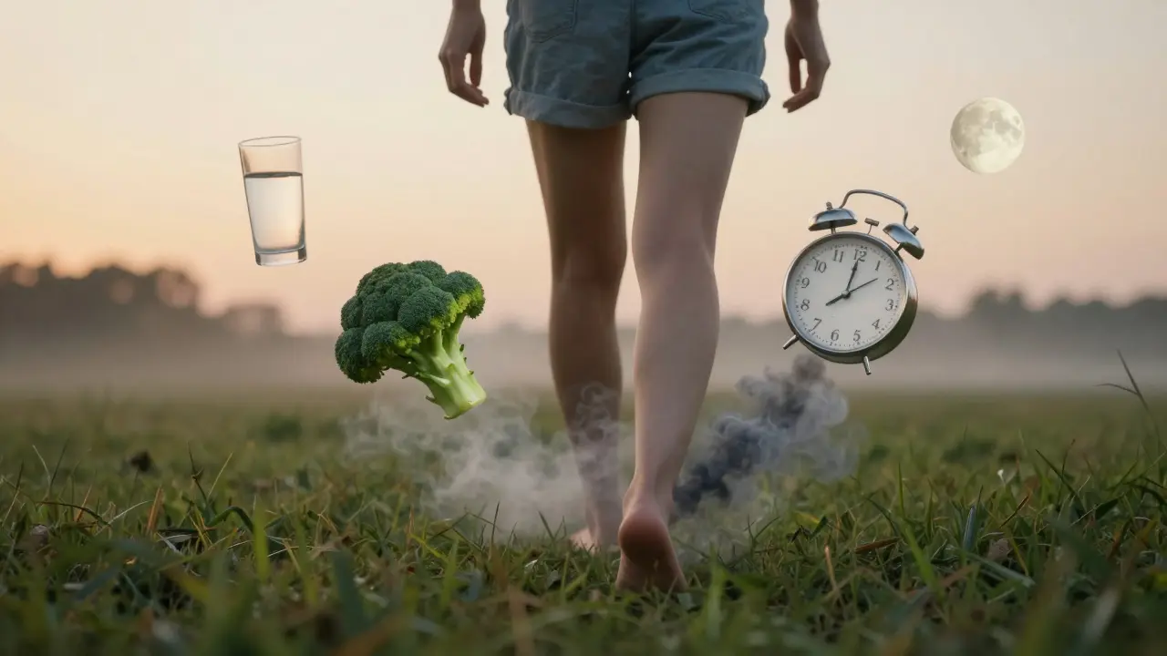 Osoba chodí bosá na trávě v ranním světle, kolem ní symboly zdravého života.