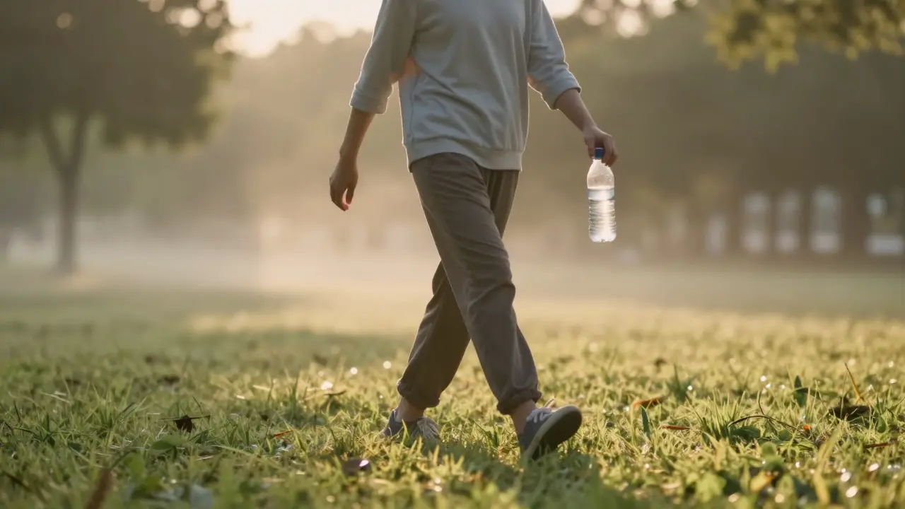 Osoba se klidně prochází v parku při východu slunce.