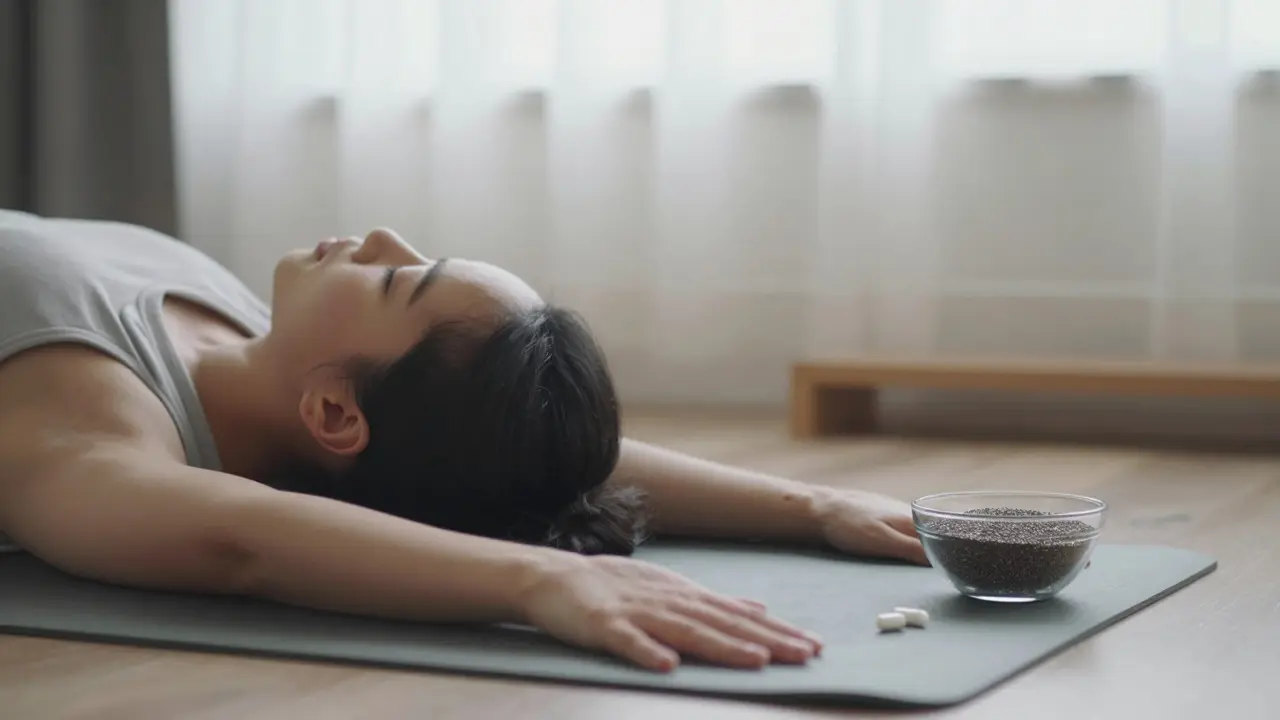 Osoba v pozici dítěte dělá jógu v klidném prostředí s probiotiky na pozadí.