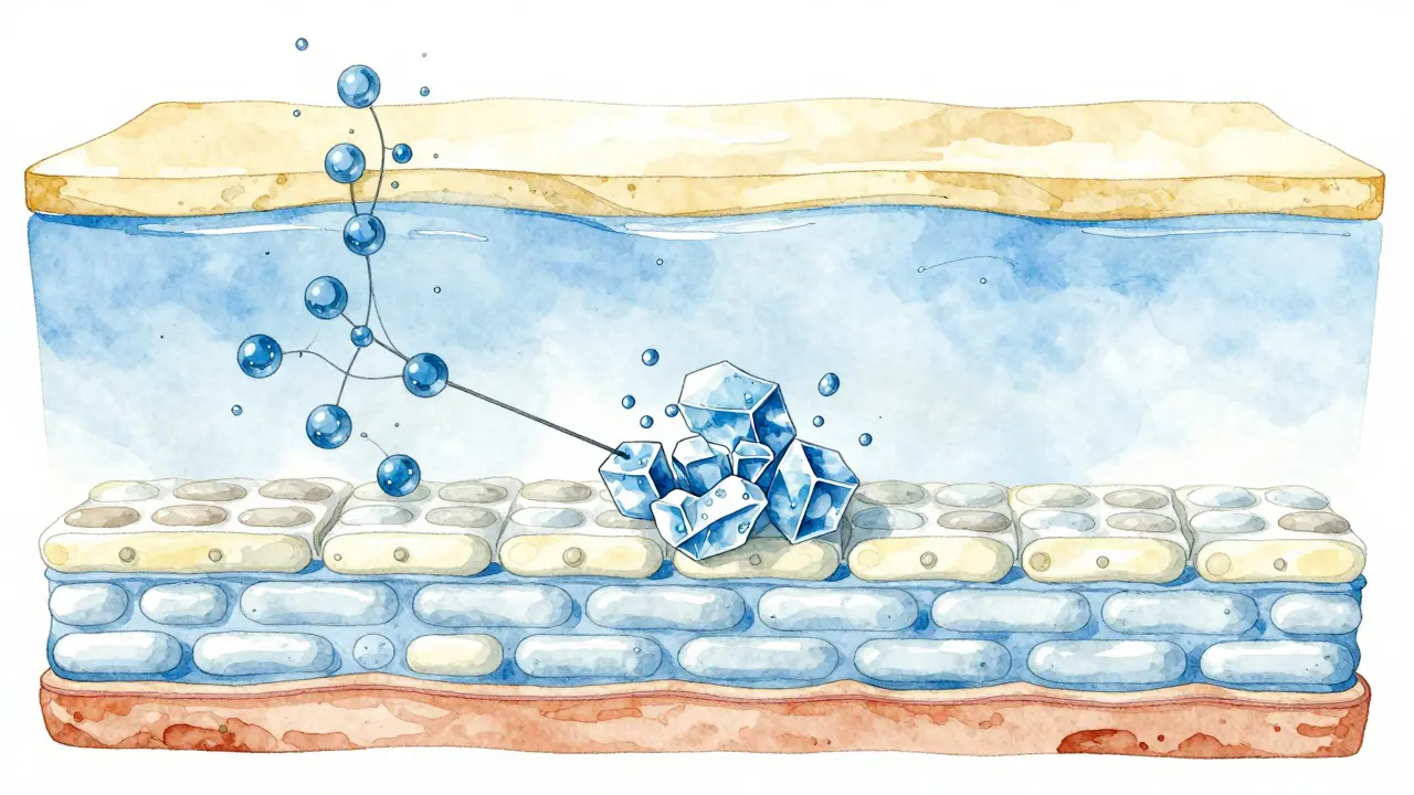Průřez kůže s molekulami kyseliny hyaluronové a ceramidy, které zadržují vodu.