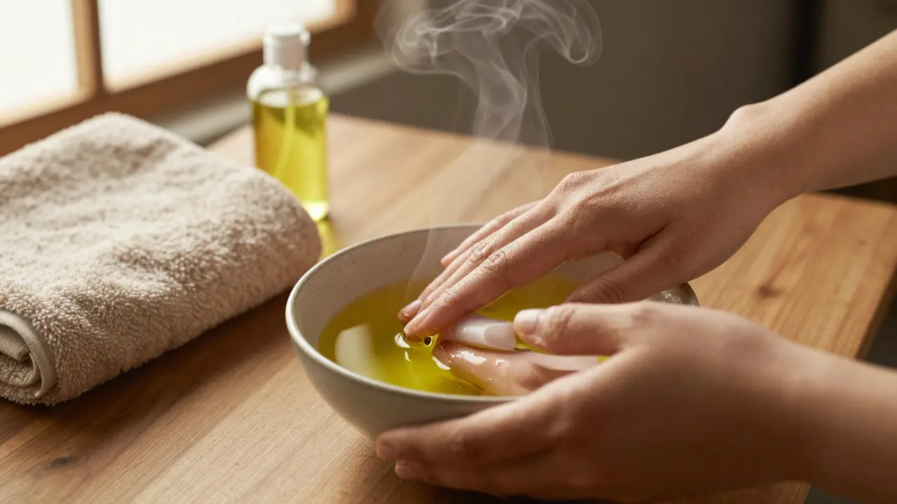 Ruce namáčené v olivovém oleji v keramické mísce, večerní světlo a pára.