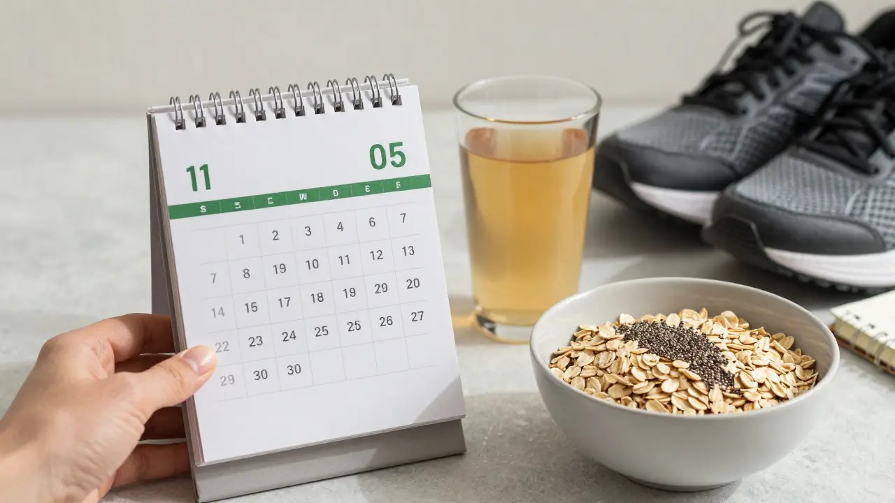 Ruka drží kalendář s označenými dny užívání probiotik, vedle kombucha a ovesných vloček