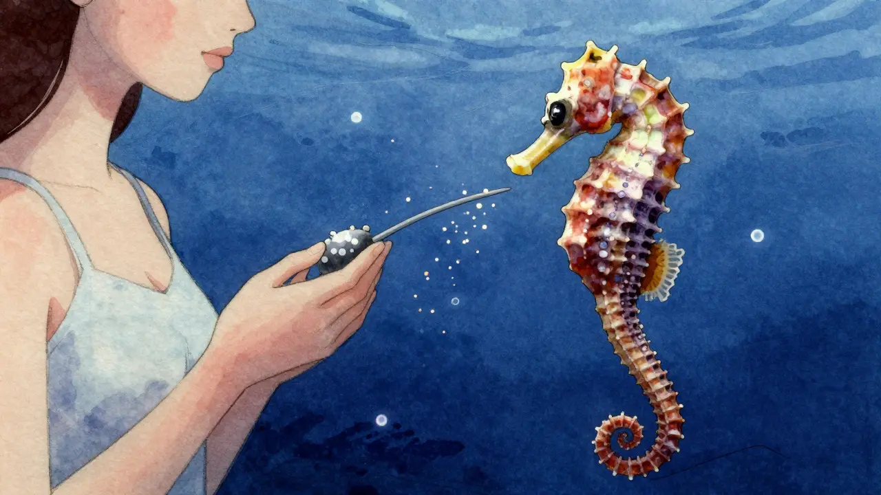 Samice mořského koníka vkládá vajíčka do pytličku samce v hlubokém moři, kolem nich plavou mikroskopické částice.