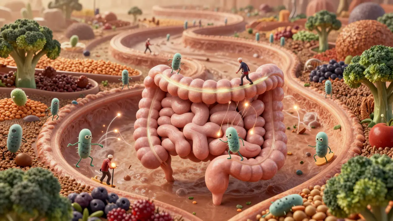 Střevo jako živý krajina s probiotiky a vlákninou, které podporují pohyb.