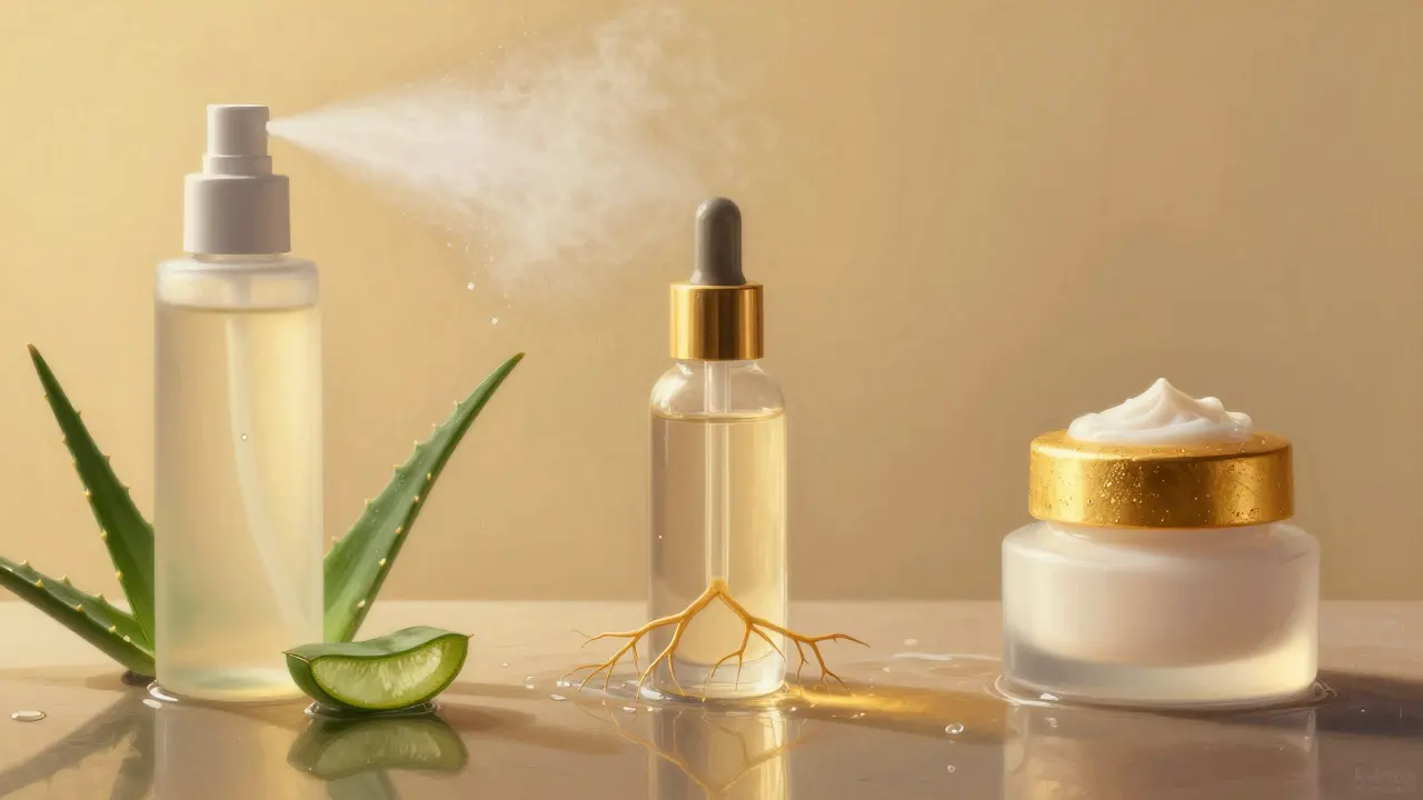 Třístupňová skincare rituál: tonik, sérum a krém, které spolu vytvářejí hydratační systém.