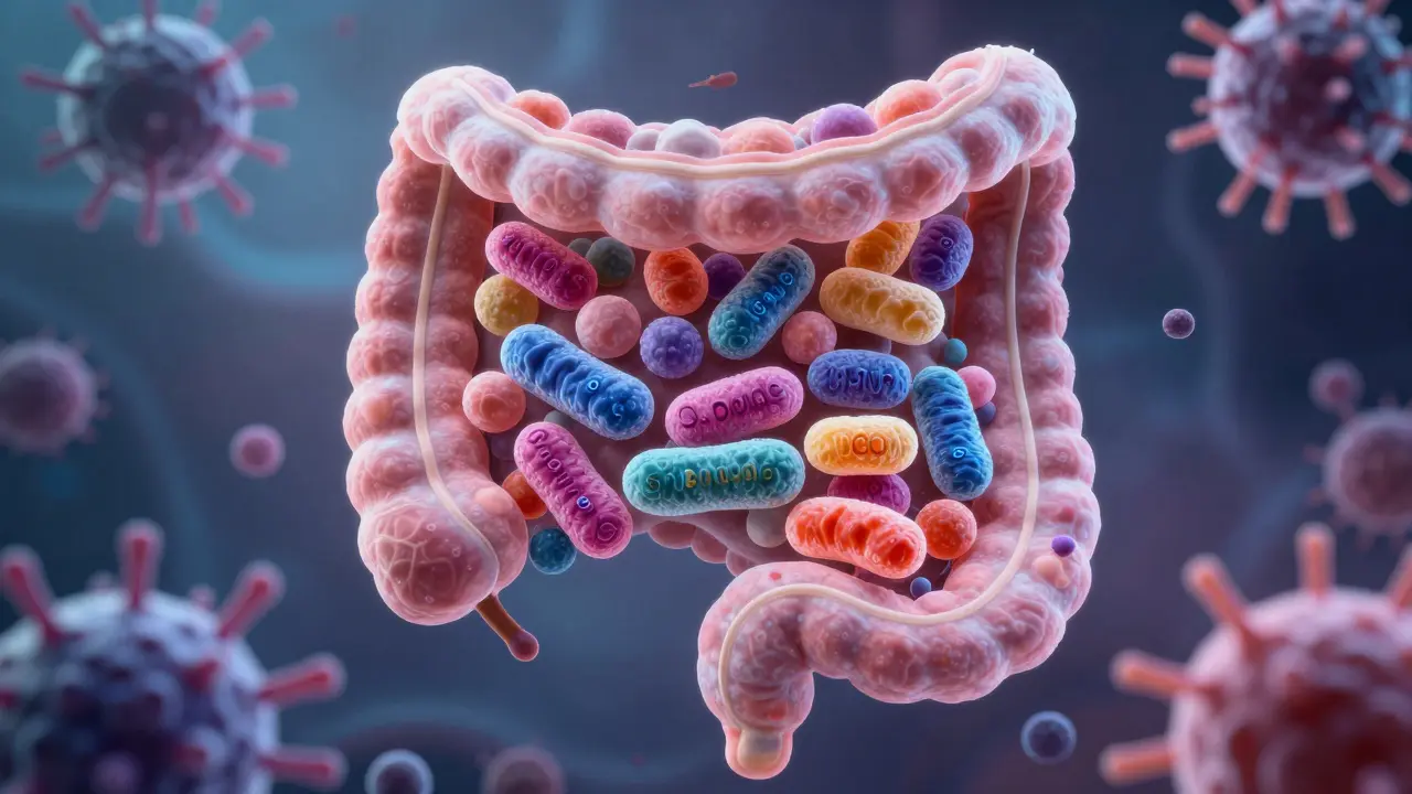 Vizualizace zdravého střevního mikrobiomu s prospěšnými bakteriemi, které odrazují patogeny.