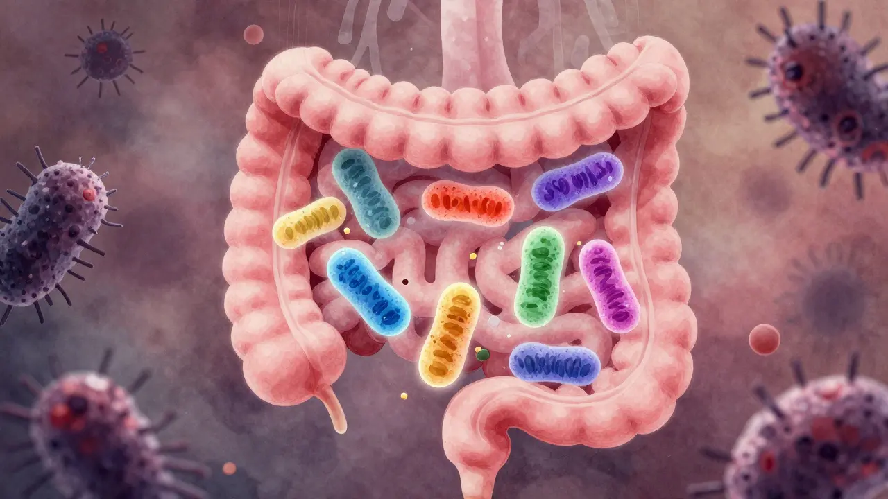 Vnitřek střev jako živý ekosystém s laktobacily a bifidobakteriemi plujícími v jemně zbarveném prostředí