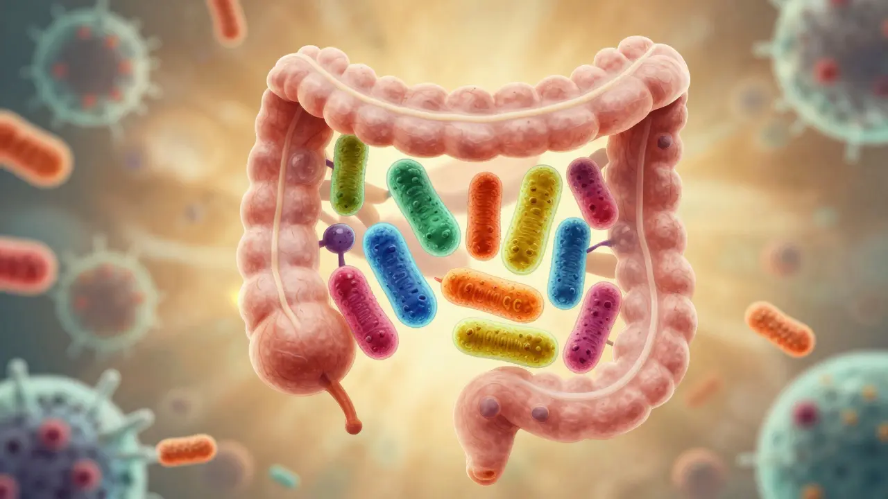 Vnitřní obraz zdravého střeva s živými laktobacily a přirozenou mikroflórou v teplých odstínech.