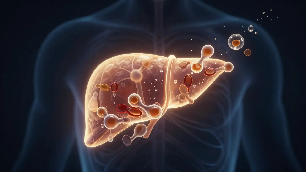 Vnitřní proces detoxikace jater s přeměnou alkoholu na bezpečné látky.