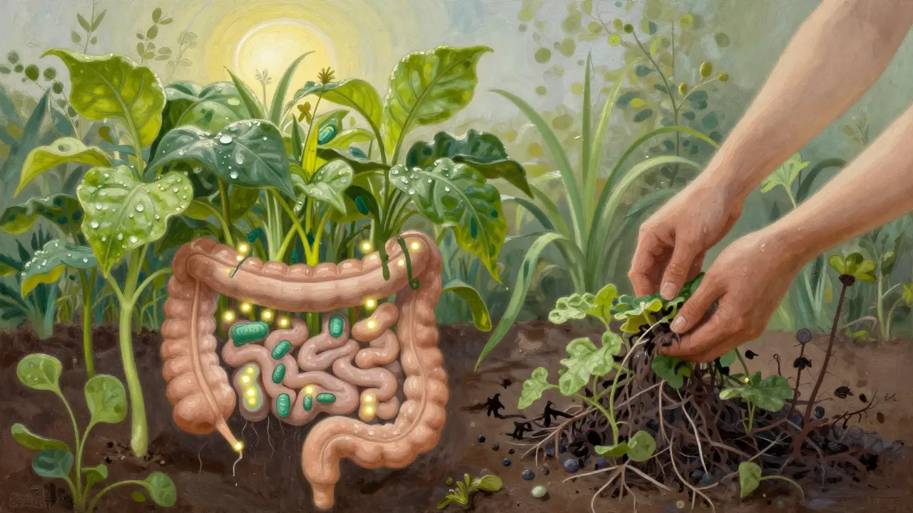 Zahrada symbolizující střevo s kvetoucími prebiotiky a odstraňováním škodlivých látek.