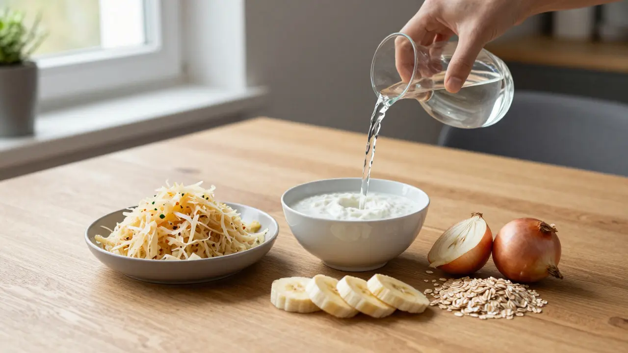 Zdravá jídla pro mikrobiom: kysané zelí, kefír, banány a cibule na dřevěné tabuli