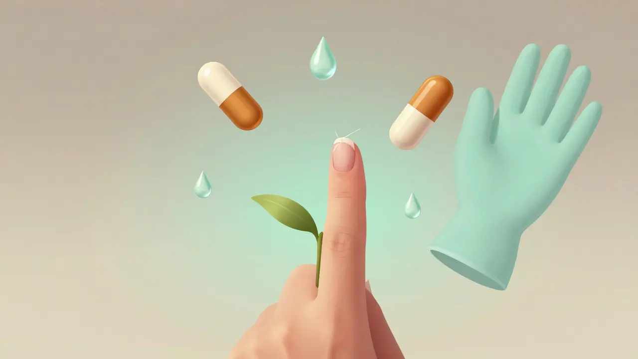 Zdravý neht s symboly péče – vitamíny, voda a ochranné rukavice.