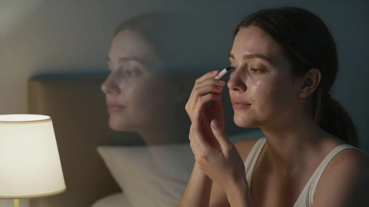 Žena aplikující retinol večer v měkkém světle s přechodem mezi před a po stavem pleti.