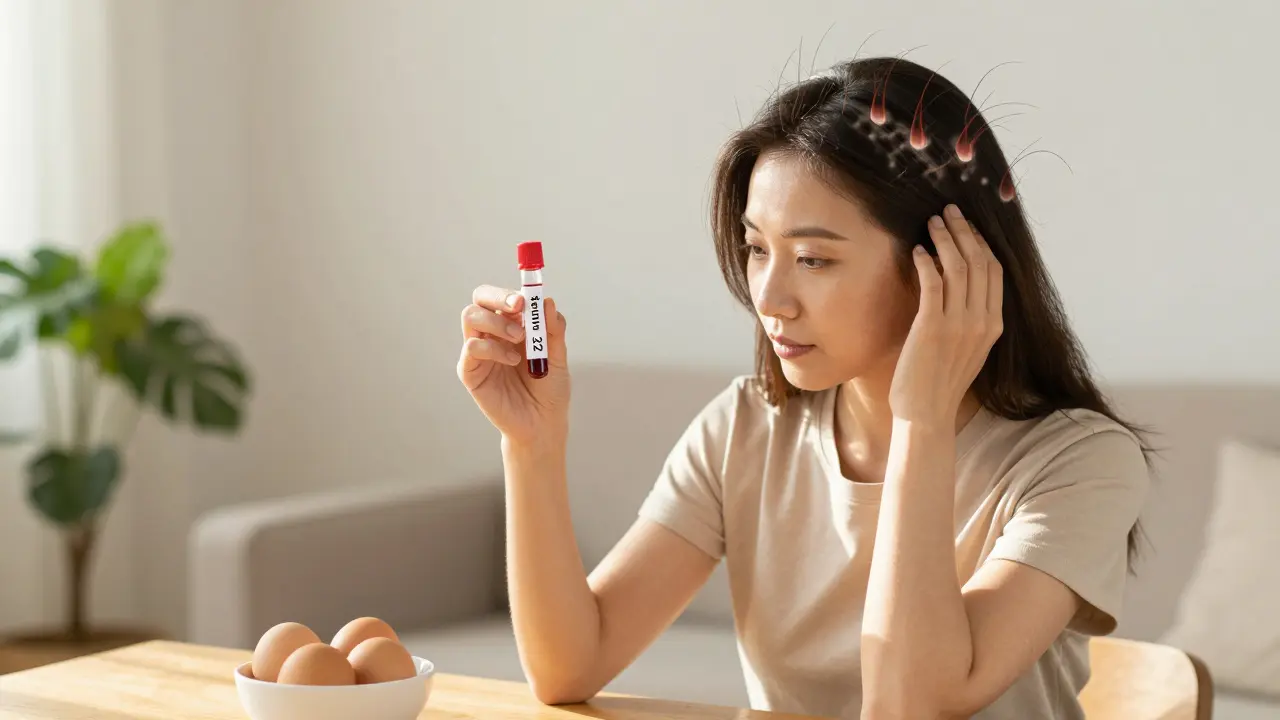 Žena s krevní zkouškou a zdravými vlasy v teplém světle.