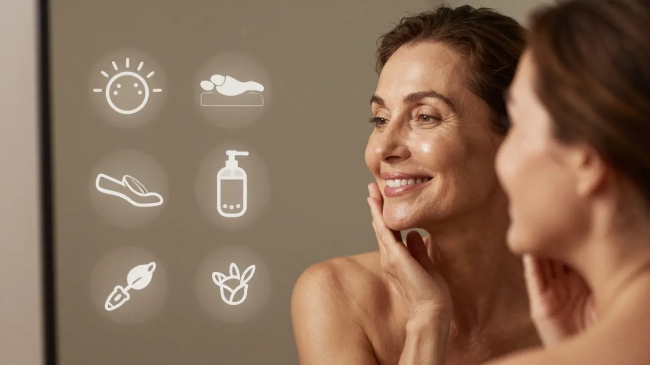 Žena v 50 letech se usmívá do zrcadla s přirozeně zdravou pletí.